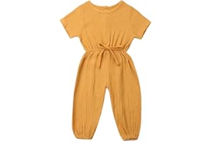 Mubineo Toddler Baby Girl Summer Fall Basic Plain Short Sleeve Cotton Linen Drawstring Romper Jumpsuit