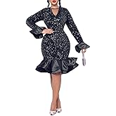 Cololura Women Elegant Sexy Sequin Off Shoulder Ruffle Sleeve Bodycon Mermaid Cocktail Formal Party Ball Gown Midi Dress