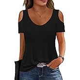 Soesdemo Women Summer Tops Scoop Neck Cold Shoulder Short Sleeve 2024 Loose Fit Basic Tee Shirts
