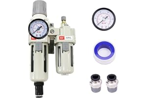 RIH Pneumatics Compressed Air Filter Regulator Lubricator Combo Water/Oil Trap Separator - Gauge(0-150 psi), Semi-Auto Drain, Poly Bowl,Bracket - 3 in 1 Two Unit (3/8“ NPT Auto Drain)