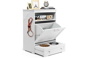 HAPPAWS Dog Feeding Station Dog Food Storage Cabinet Pet Feeder Container with 2 Thick 50oz Stainless Steel Raised Dog Food and Water Bowls, Pet Supply Organizer with Pet Toy Hangers, White