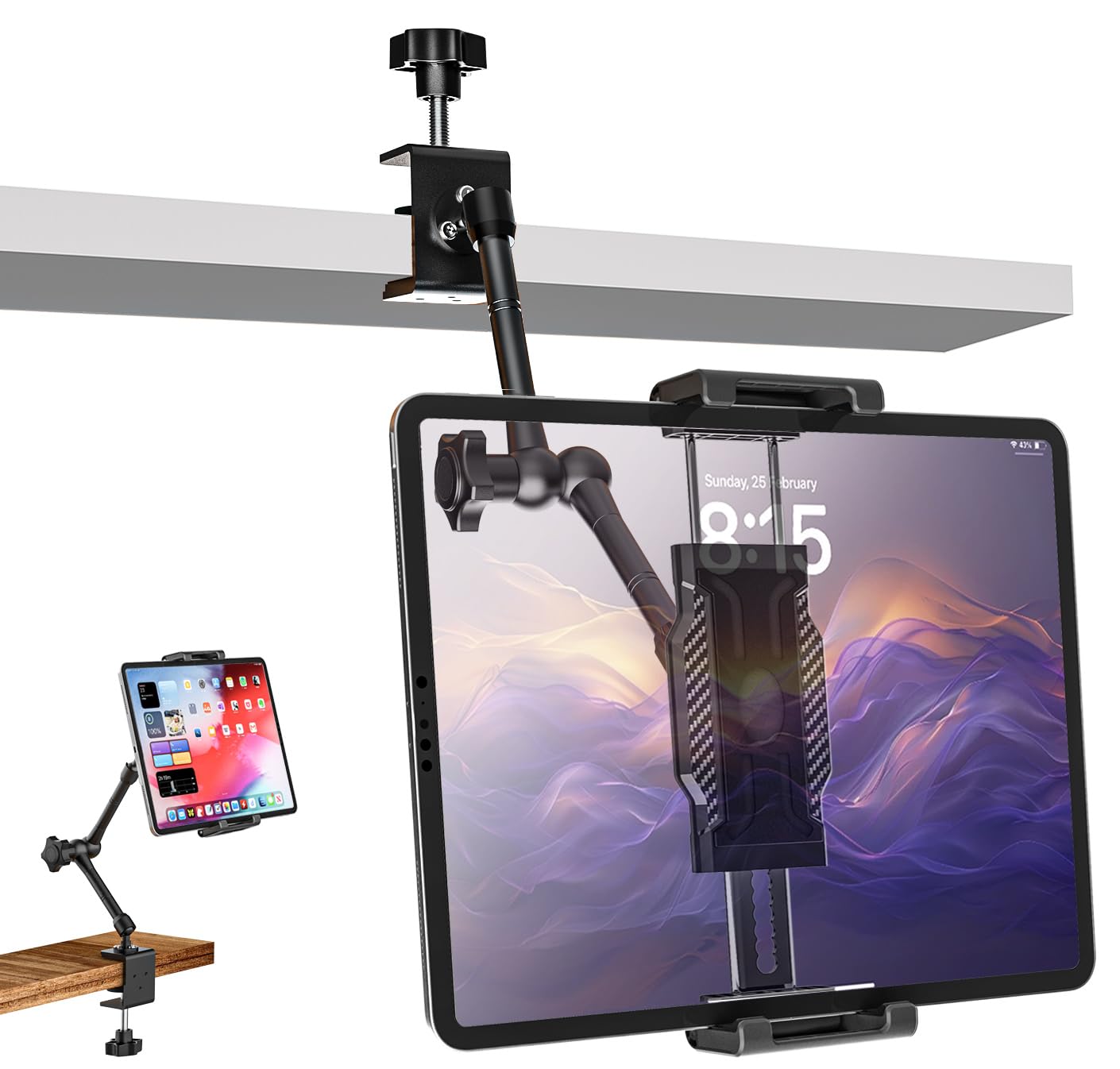 Photo 1 of YOOZ Desk Kitchen Tablet Holder [Suitable for Tabletop & Cabinet] Adjustable Metal Arm Cupboard Tablet Mount Stand for iPad Pro 12.9 Air Mini, Galaxy Tab Ultra, Switch, 6-14.6" Devices