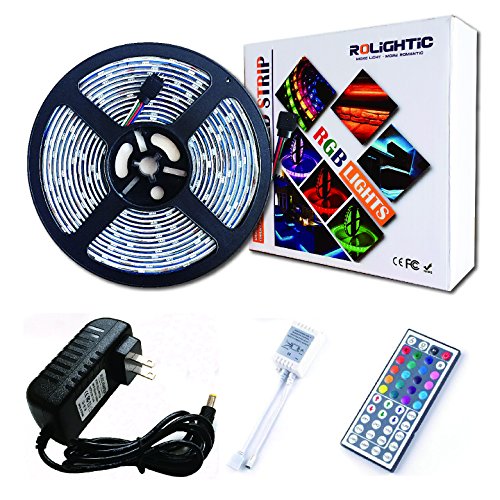 RoLightic SMD5050 5M 16.4ft Led Strip Lights 150LEDs DC12V Waterproof Led Strip Lighting with 44Key Remote Controller and Power Adapter for Bedroom,Kitchen,TV back,Cabinet,Party and More