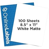 OnlineLabels 8.5" x 11" Sticker Paper - White Matte - 100 Sheets | 100 Sheets, Permanent Adhesive, Blank Full Sheet Labels, Inkjet &amp; Laser Compatible, Works With Cricut, Silhouette, &amp; More