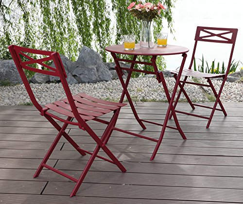PHI VILLA Red 3 Pc Outdoor Weather-Resistant Metal Folding Table and Chairs Bistro Furniture Set