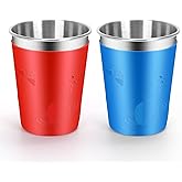 ShineMe Stainless Steel Cups, 12oz Metal Cup Set of 2 for Kids and Adults with Silicone Sleeves, Stackable Toddler Open Cups for Drinking with Detachable Fun Color Covers for Boys and Girls