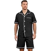 Vulcandon Mens Pajamas Set, 100% Cotton Poplin Classic Collar Short Sleeve Pajamas with Pockets