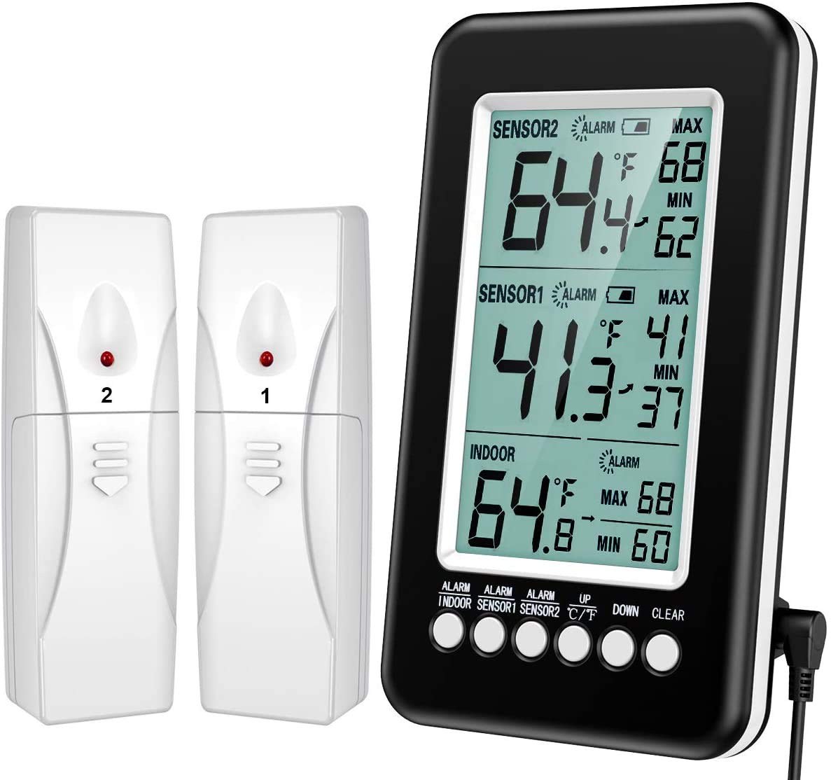 (Upgraded Version) Brifit Refrigerator Thermometer, Wireless Digital Freezer Thermometer with 2 Sensors, Indoor Outdoor Thermometer with Audible Alarm Temperature Gauge for Freezer Kitchen Home
