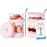 Glass Overnight Oats Containers with Lids of Silicone and Spoon 16 oz [2 Pack], Airtight Overnight Oats Jars with Silicone Lid, For Yogurt Containers Chia Pudding Jars Snack Spice (Pink)