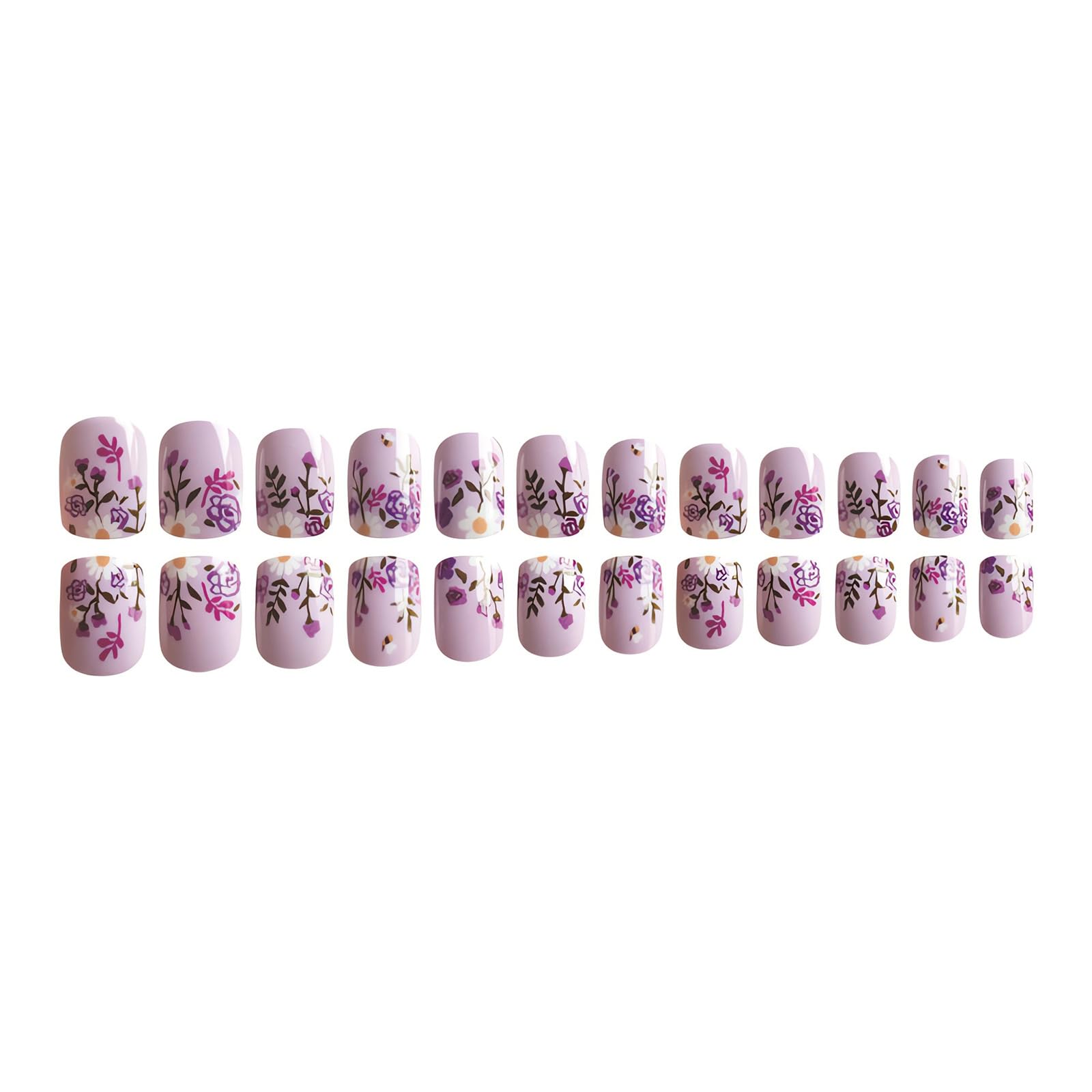 24Pcs Spring Flower Press on Nails Short Square Fake Nails Purple Flowers Glue on Nails Short Purple False Nails with Leaf Flower Designs Cute Floral Glue on Nails Summer Stick on Nails for Women - Image 4