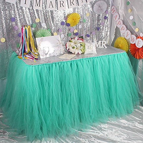Haperlare 3ft Lake Green Tulle Table Skirt Queen Wonderland Green Tutu Tablecloth Skirting Tutu Table Skirt for Christmas Wedding Baby Shower Birthday Cake Dessert Table Decorations 31 x 36 inch
