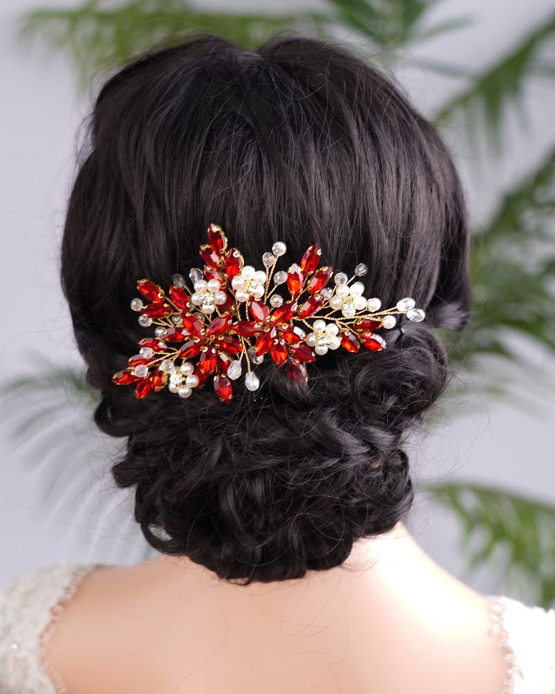 Kercisbeauty Red Crystal Gold Hair Side Piece Pearl Hair Comb for Wedding Women Girls Bridal Shower Hair Accessories (Red)