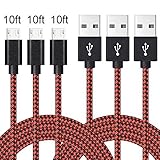 Akaho Micro USB Cable, 10' Extra Long Nylon Braided High Speed 2.0 USB to Micro-USB Charging Cables Android Fast Charger Cord for Samsung Galaxy S7 Edge/S6/S4, Note 5/4/3, etc. - Black/Red - 3 Piece