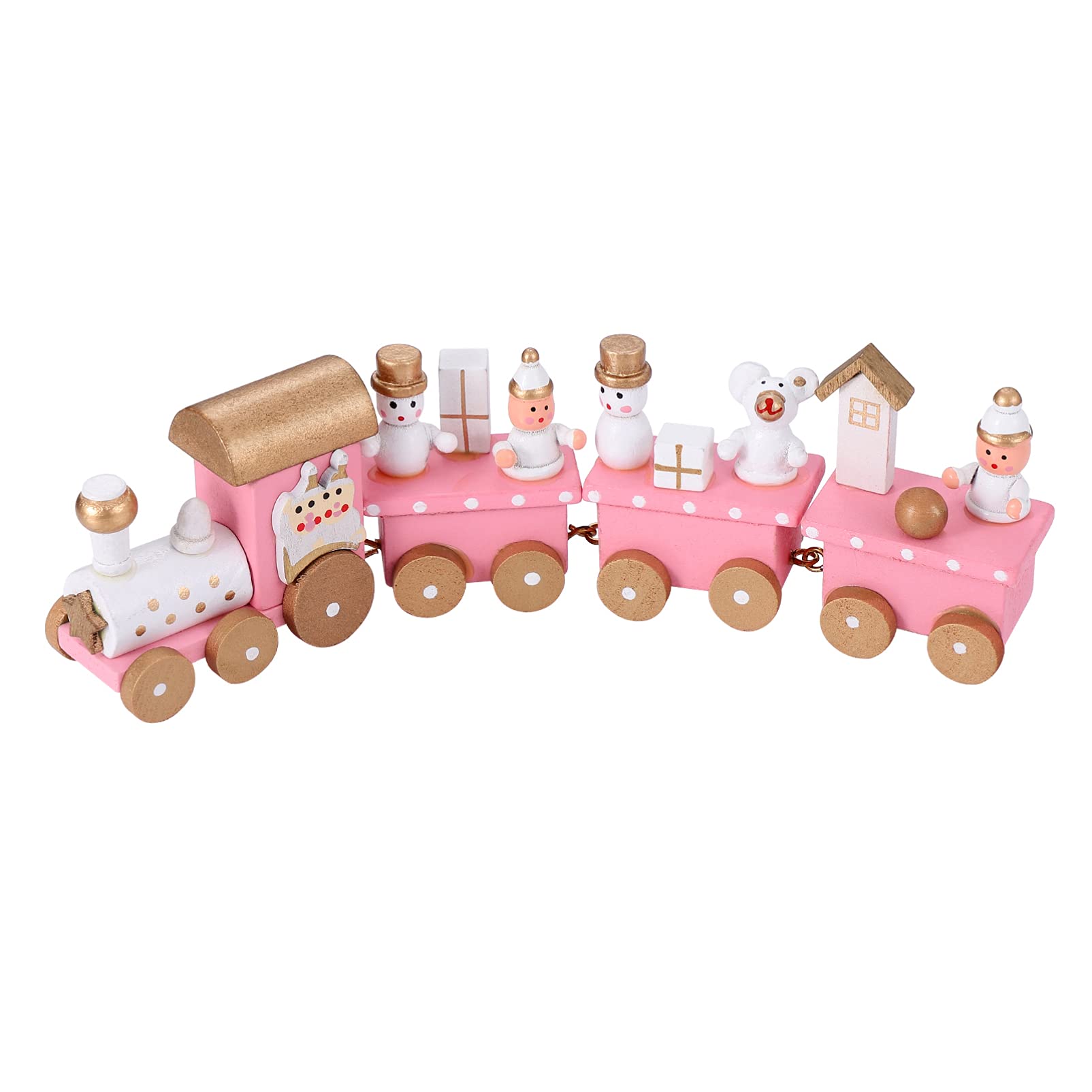 TOYANDONA 1Pack Christmas Wooden Train, 4 Section Mini Train Rail Toy Set Pink Creative Adornment with Snowman and Bear, Desktop Gift for Kids Christmas Party Kindergarten Decoration