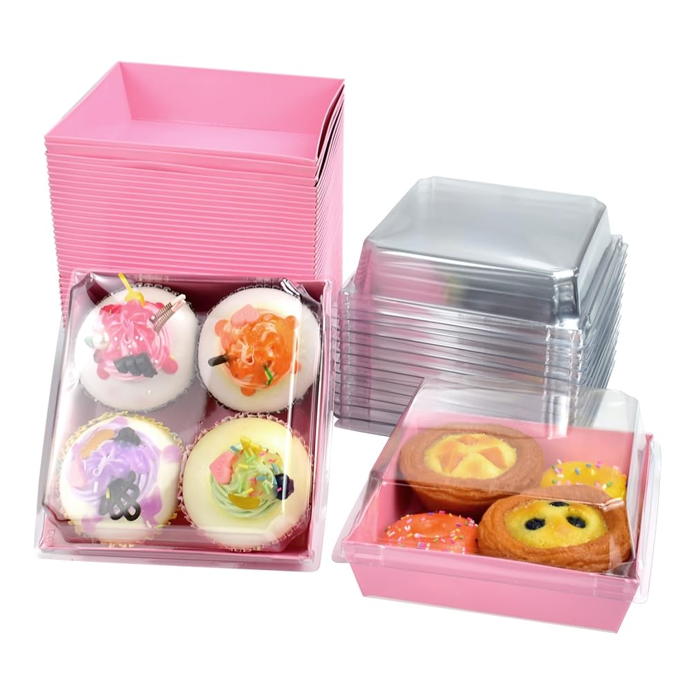 KITERI 50 Pcs Cake Slice Boxes with Clear Lids, 4.7'' Paper Charcuterie Box Oil-Proof Dessert Boxe Square Cookie Containers Takeaway Boxes Individual Cake Boxes for Portions Cupcakes,Pink