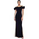 Xscape Womens Long Off The Shoulder Ruffle Beaded Mesh Back Dress