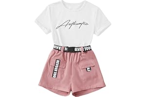 OYOANGLE Girl's 2 Piece Outfits Letter Graphic Round Neck Tee Shirt and Buckle Belted Shorts Set