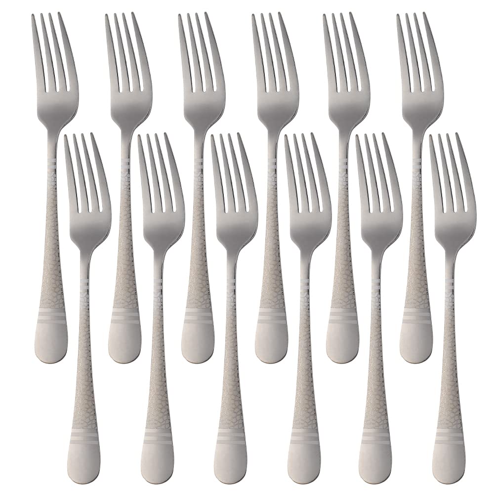 Buyer Star Dinner Forks Set of 12, Hammered Stainless Steel Table Fork Cutlery Fork Unique Laser Snake Pattern Design, 7.7 Inches, Mirror Polish & Dishwasher Safe - Silver