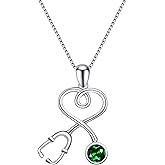 AOBOCO Stethoscope Necklace 925 Sterling Silver Embellished with 12 Months Birthstone Crystals from Austria, Graduation Gifts Medical Jewelry for Doctor Nurse Medical Student RN