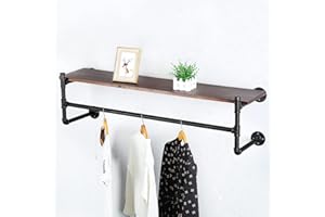 HAOVON Industrial Pipe Clothing Rack Wall Mounted Wood Shelf,Pipe Shelving Floating Shelves,Retail Garment Rack Display Rack Clothes Racks(1 Tier,48in)