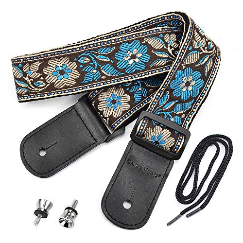 CLOUDMUSIC Hawaiian Blue Ukulele Strap With Ukulele Strap Buttons Black