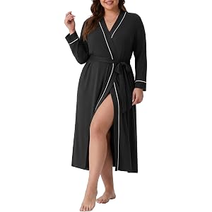 OLRIK Womens Plus Size Robe Long Knit Bathrobe V Neck Loungewear | Maternity Robe|Shower Robe|House Coats For Women|2 Pockets