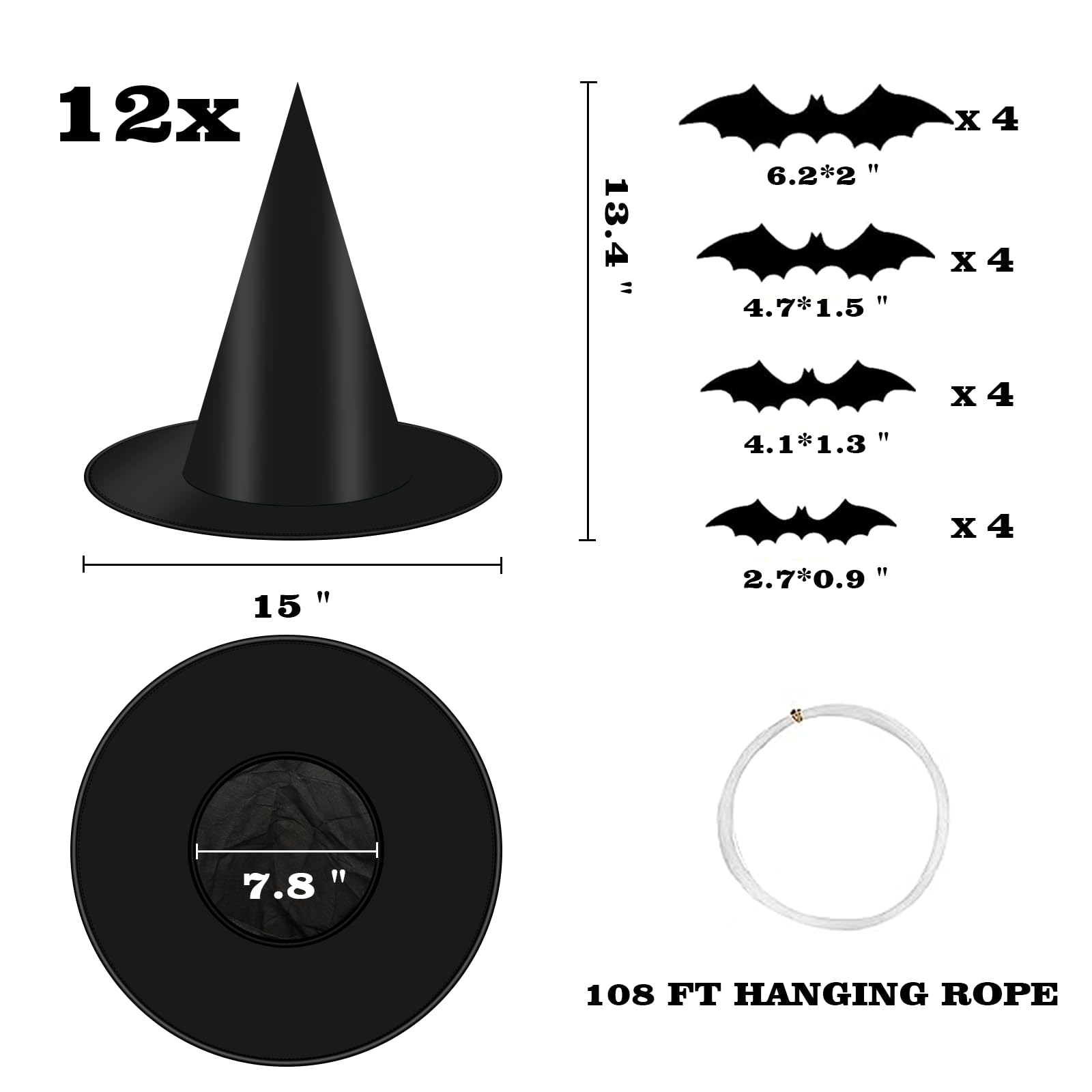 12 PCS Hanging Witch Hats Black/Pink, 16 PCS 3D Bats Stickers for Halloween Indoor Outdoor Decorations
