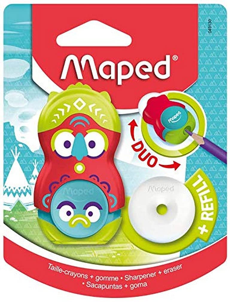 Maped - Duo Pencil Sharpener/Loopy Eraser - Pencil Sharpener with Tank + 1 Hole - White Rotating PVC Eraser + Refill - with Protective Cap - Red/Green Totem Design