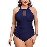 CUPSHE Plus Size One Piece Swimsuit for Women Mesh High Crew Neck Bathing Suit Curvy Tummy Control Ruched Swimwear