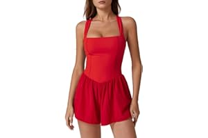 QINSEN Women's Square Neck Sleeveless Romper Jumpsuit Casual Summer One Piece Outfit with Pocket