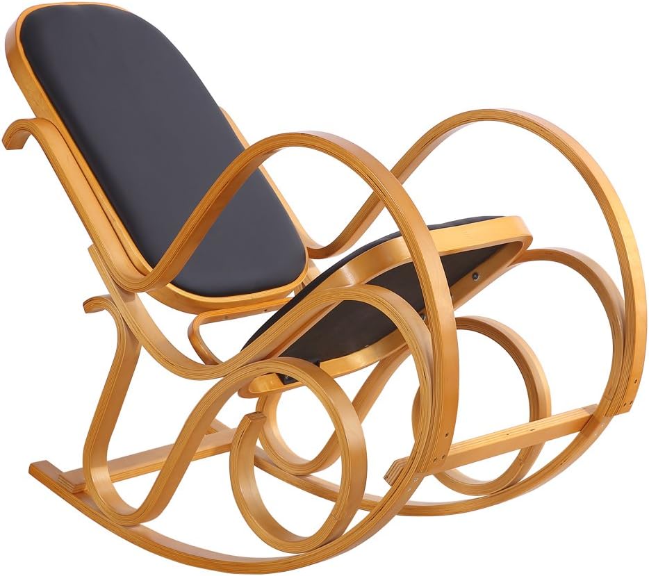 Rocking Chair Bentwood Birch Leisure Chair Vintage Living Room Furniture Conservatory Relax Wooden Easy Chair 3 Types (Black PU Leather)