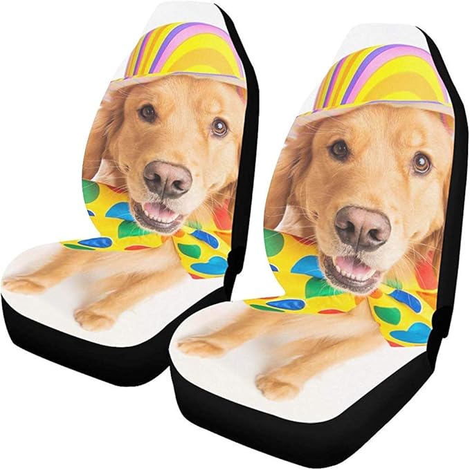 Car Seat Covers Front Seats Happy Golden Retriever Dog Wearing Colorful