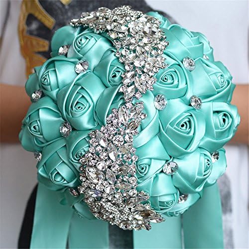 Bridal bouquets for wedding, Wedding Bride Holding Bouquet Roses with Diamond Pearl Ribbon Valentine's Day Confession (Tiffany Blue)