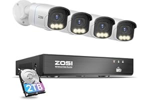 ZOSI 4K PoE Security Camera System,4pcs 4K C186 Aurora Lux Outdoor Indoor Wired Cameras,True Full Color Night Vision,Person Vehicle Detection,2 Way Audio,8MP 8CH NVR with 2TB HDD for 24/7 Recording