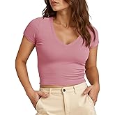 Tankaneo Womens Summer Crop Tops Short Sleeve V Neck Slim Fit Ribbed Knit Basic T Shirts Y2k Top Pink, Small