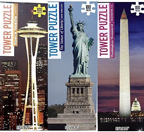 Jigsaw Puzzle Pack of Three -100 Piece Famous Towers Picture Puzzles: Statue of Liberty, Washington Monument, Space Needle in Seattle WA- Great Gift Puzzles For Kids and Adults
