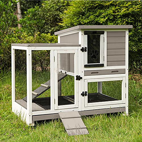 Indoor Outdoor Rabbit Hutch, Bunny Cage on Wheels with 2 Deep No