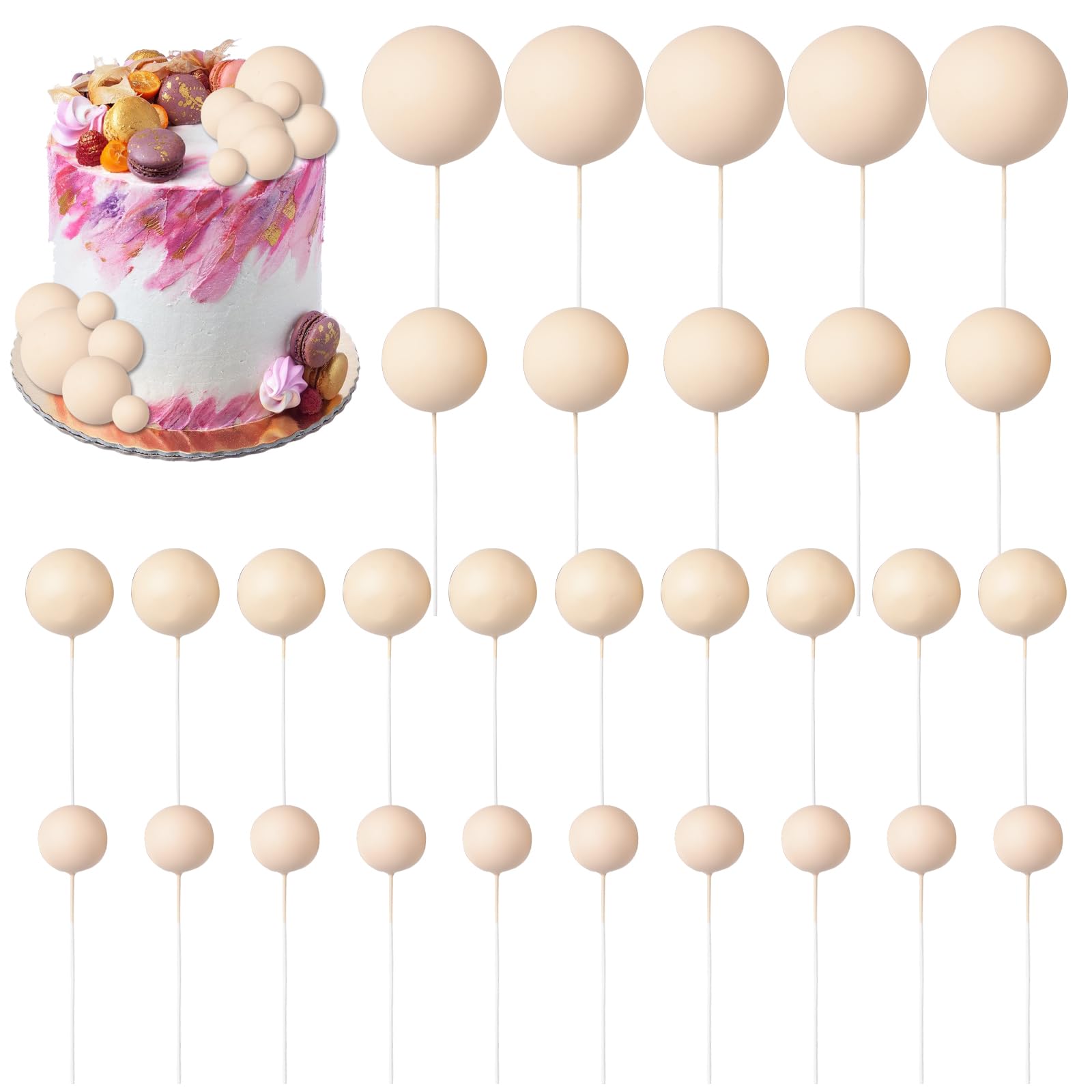 Photo 1 of 30 PCS Balls Cake Topper DIY Cake Insert Toppers Ball Cake Picks Cupcake Topper for Birthday Party Baby Shower Wedding Cake Decoration(Khaki)…