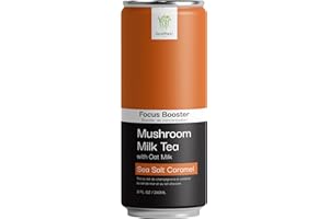 HEALTHEE Booster Milk Tea with Oatmilk | Ready to Drink On-the-go Creamy Beverage | Functional Mushroom & Collagen | All Natural No Preservatives | 8 Fl Oz Can (Sea Salt Caramel - Focus)