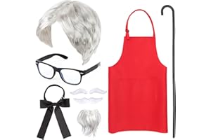 Kyson 9 Pcs Halloween Chef Costume Kit-Wig,Fake Moustache,Eyebrows,Eyeglasses,Bowtie,Red Apron,Cane-Fancy Costume Dress Up