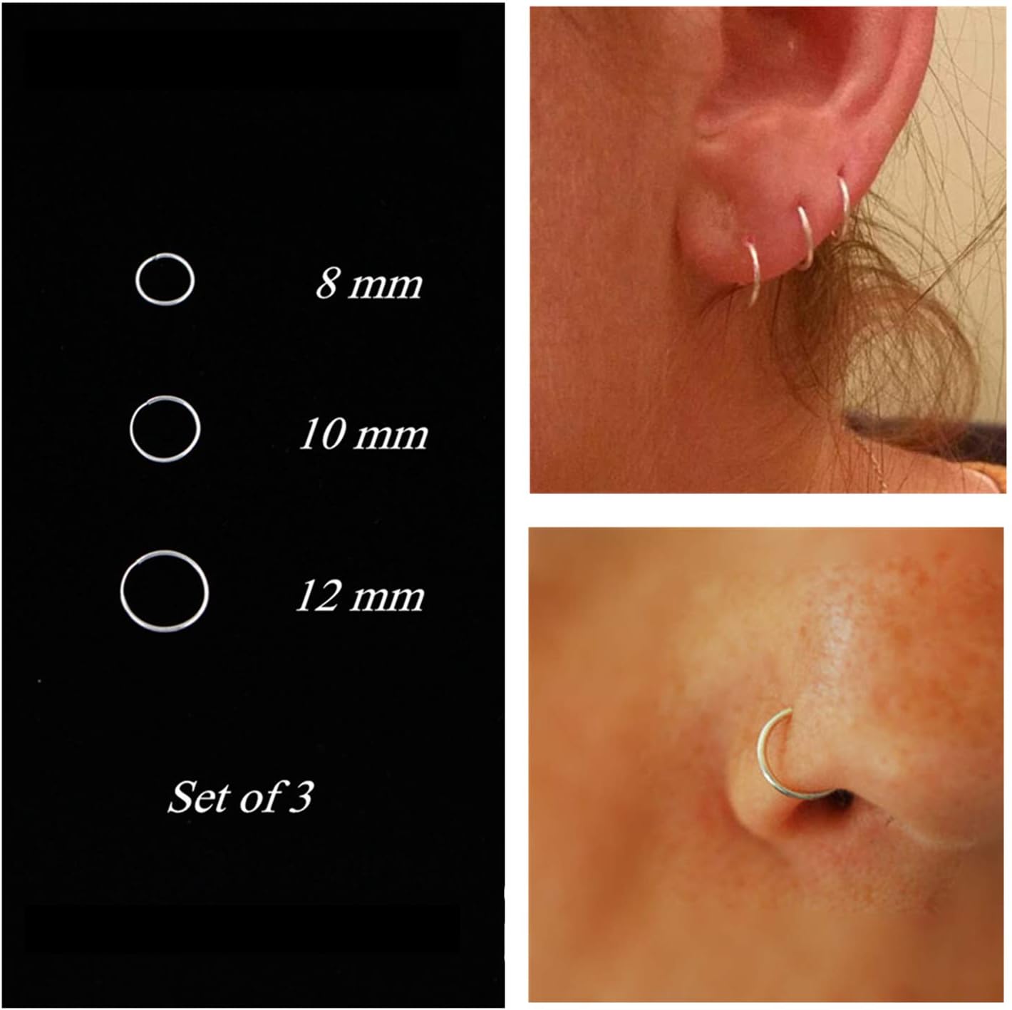 Nose Rings Cartilage Hoop Earrings Body Piercing Adjustable Round Sterling Silver Jewelry for Women Men Girls