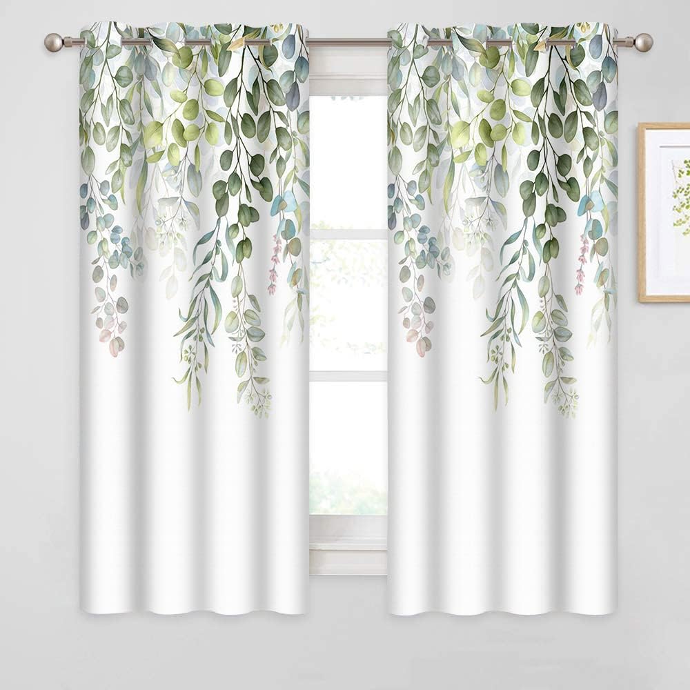 Outdoor Curtains - BSPPTI Eucalyptus Curtains, Weeping Green Succulent Plant Flower Room Darkening Thermal Insulated Polyester Fabric, Grommets Window Drapes for Living, Dining, 52
