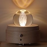 QIANLING 3D Rechargeable Guadalupe Crystal Ball Music Box with Led Projection Light and Rotating Wooden Base, Creative Wooden Virgin Mary Crystal Ball Music Box, Suitable for Interior Religious Decor