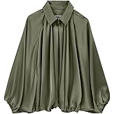 EGOCKAL Womens Satin Puffed Bomber Jacket Oversized Batwing Sleeve Lapel Collar Pleated Zip Up Outerwear Shirts