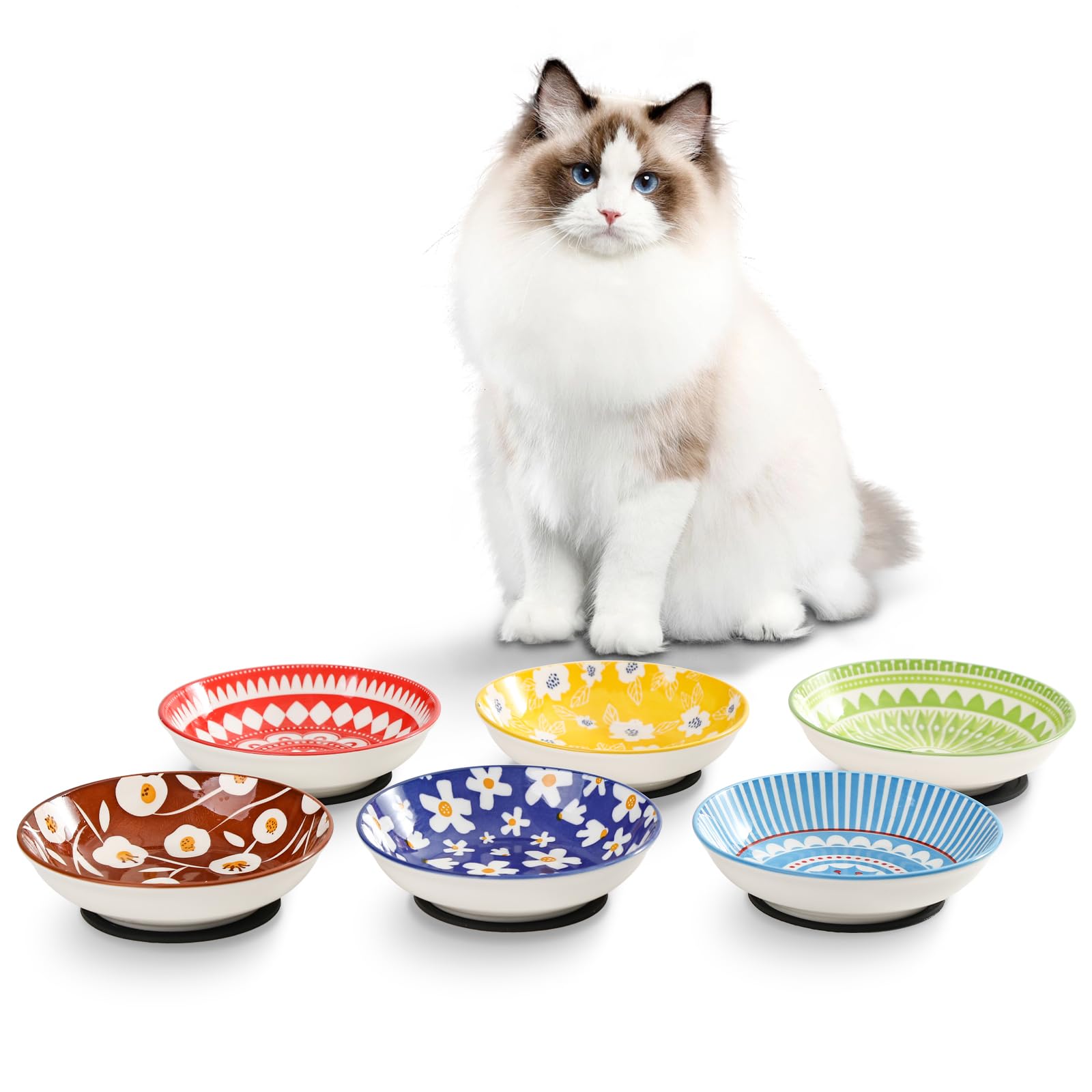 Photo 1 of Fairy Tales Colorful Ceramic Cat Bowls Set of 6 - Feeding Dishes With Non-Slip Mat - 5.75" Shallow Wide Food Plate, Whisker Friendly - Microwave Dishwasher Safe - 8.5 oz