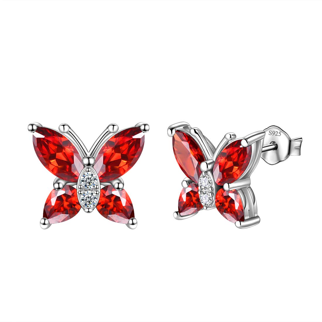 Aurora Tears Butterfly Earrings 925 Sterling Sliver January Birthstone Red Garnet Stud Animals Earrings Jewelry Gift for Women and Girls DE0160J