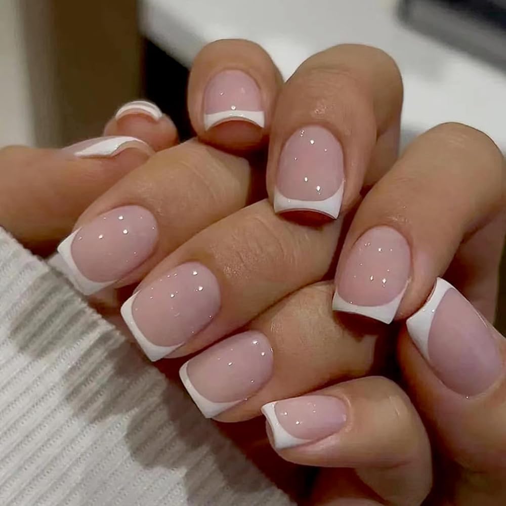 EONFAVE 24 Pcs French False Nails Nude White Square Press On Nails