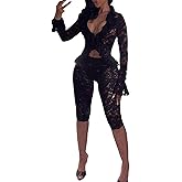 Molilove Lace 2 Piece Outfits for Women Sexy See Through Long Sleeve Top and Bodycon Pants Set Stretch Party Clubwear