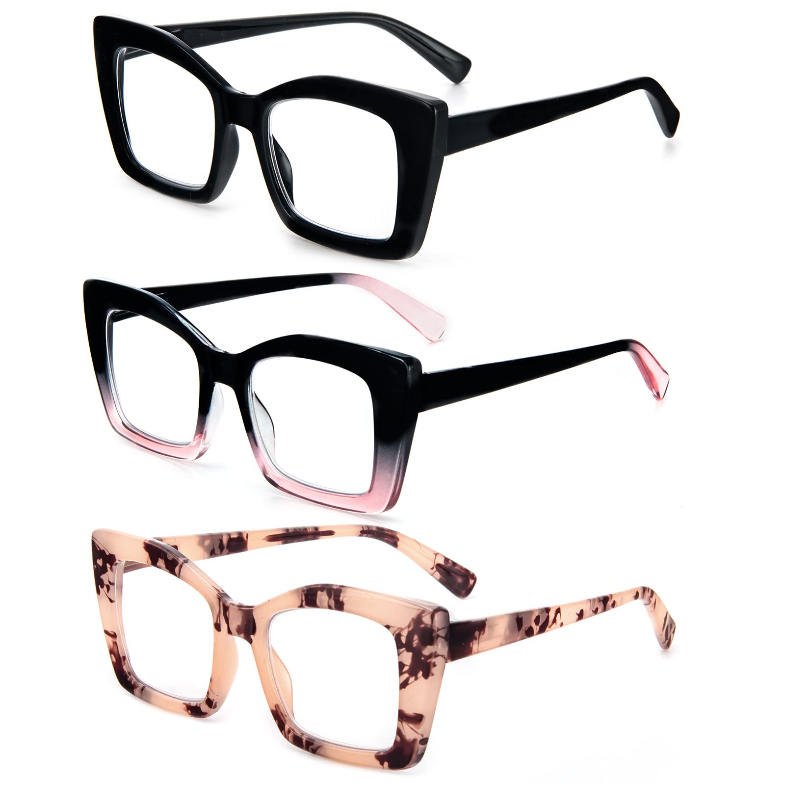 MMOWW 3 Pack Oversized Reading Glasses for Women Square Frame Fashion Style Blue Light Blocking Readers (Black+Black Pink+Pink Tortoiseshell, +2.5)