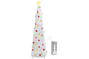 HISFFOG 5 Ft Prelit Tinsel Pop Up Christmas Tree with 8 Light Adjustment Modes 50 Remote Color Lights Battery Operated, Pencil Artificial Slim Tree Xmas Decoration Home Party Indoor Outdoor
